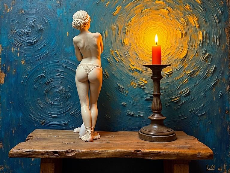 A still life with a wooden table and an erotic female sculpture with visible panty line. A flickering candle stands beside it. Background features swirling textures resembling Van Gogh's style. Candlelight creates dynamic shadows and highlights.