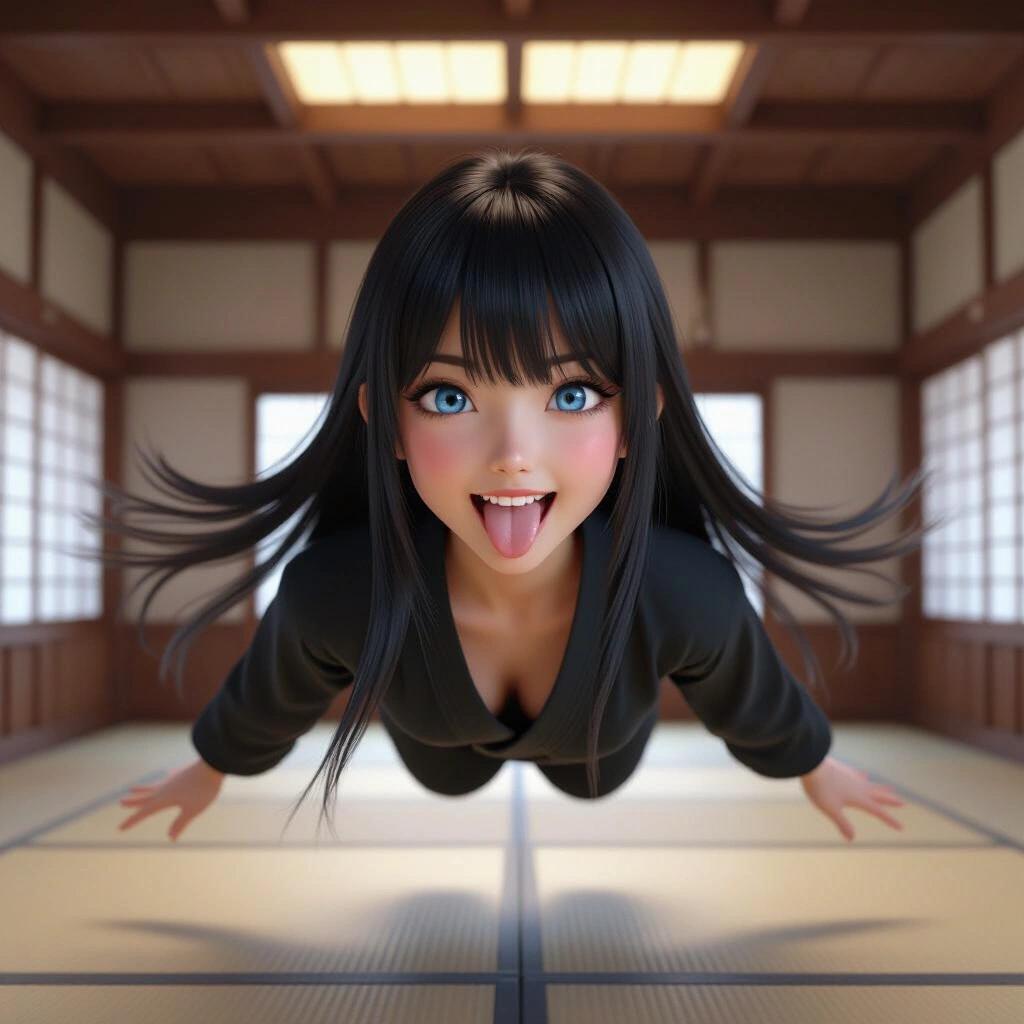 Ultra realistic Japanese girl with long hair and bangs. She floats inside a dojo. Her eyes are blue. She is sticking out her tongue playfully. Confidence is displayed in her expression.