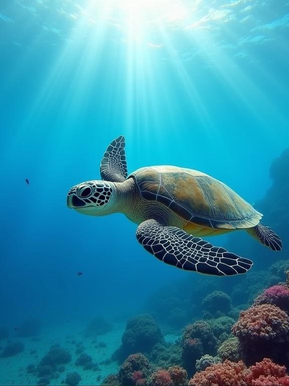 Majestic sea turtle swims in sunlit ocean. Coral reefs and fish visible below. Rays of sunlight pierce water. Calm and beautiful.