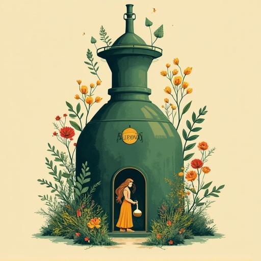 Portal to an alchemist distillery depicted with a modern copper still. Minimalistic screenprinting artwork showcases bold lines and simple forms. Dominated by forest-green against a beige background. An alchemist woman with cascading hair in a vibrant gown. Presenting a liqueur-bottle. Surrounded by wild fruits and blooming herbs. Adorned with classic typography phrases. Represents fantasy and a connection to nature.
