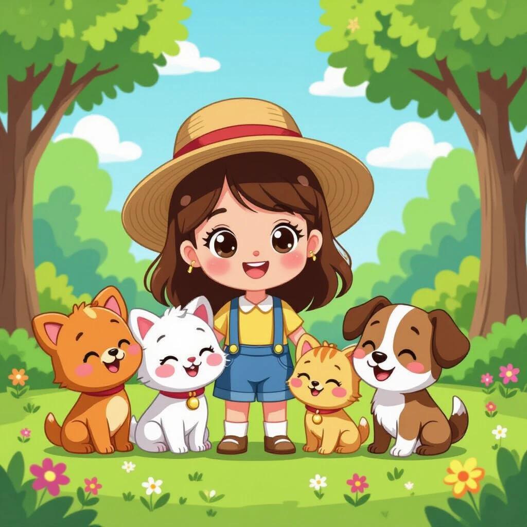 Illustration for coloring featuring cute and happy animal characters in a cheerful garden setting. Kawaii style with simple outlines and spacing between lines for easy coloring. All characters are joyful. Bright and playful background with colorful flowers and green grass.