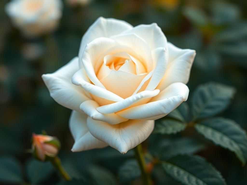 A close-up of a single elegant white rose with soft lighting and blurred green foliage background.