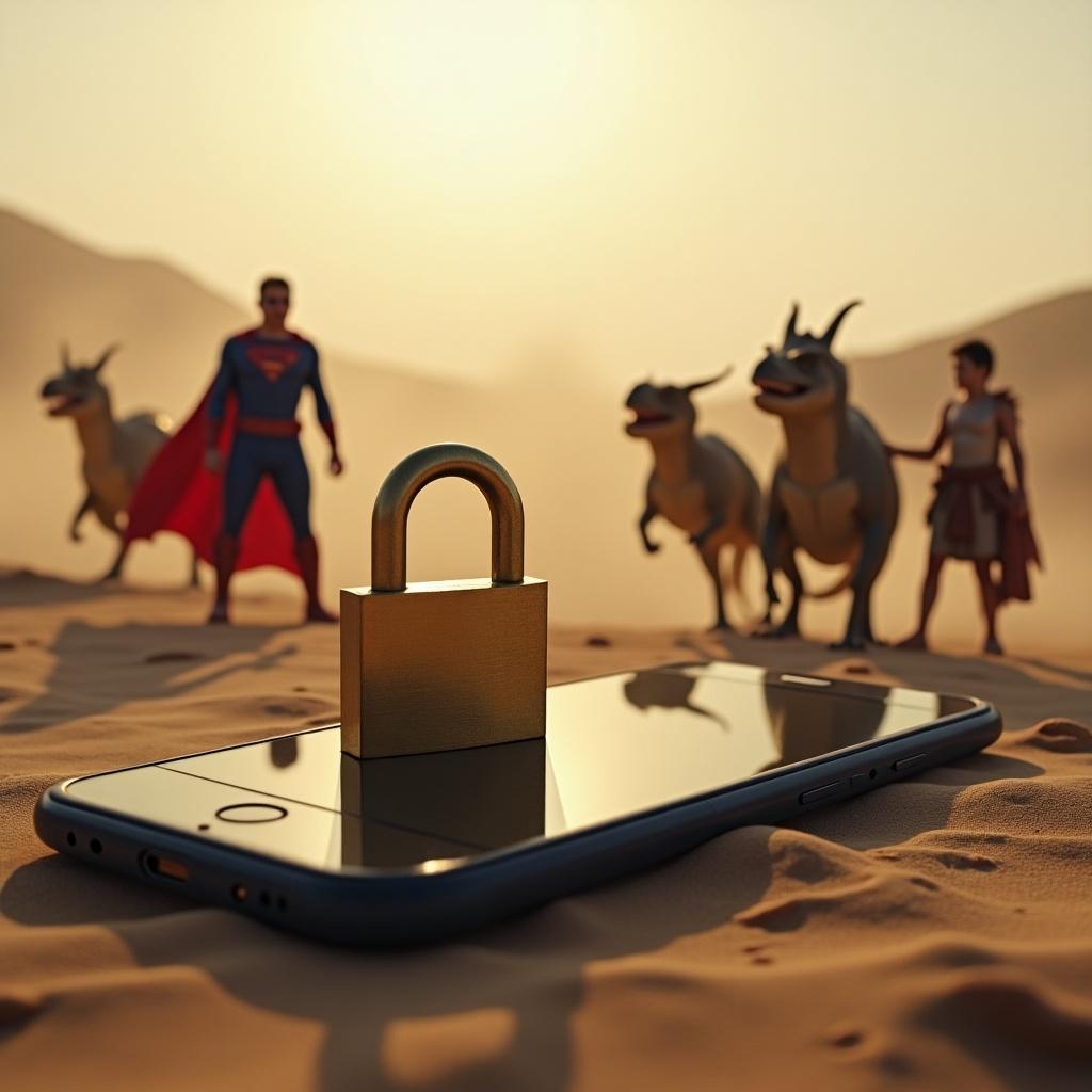 Brass padlock on smartphone screen symbolizes digital security. Superhero and young warrior combat dinosaur-like creatures in a dusty desert.