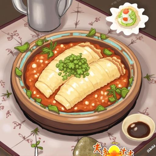 Illustration of a vibrant bowl containing rolled pancakes. Garnished with herbs and a rich sauce. Decorative setting includes small plates and a beverage.