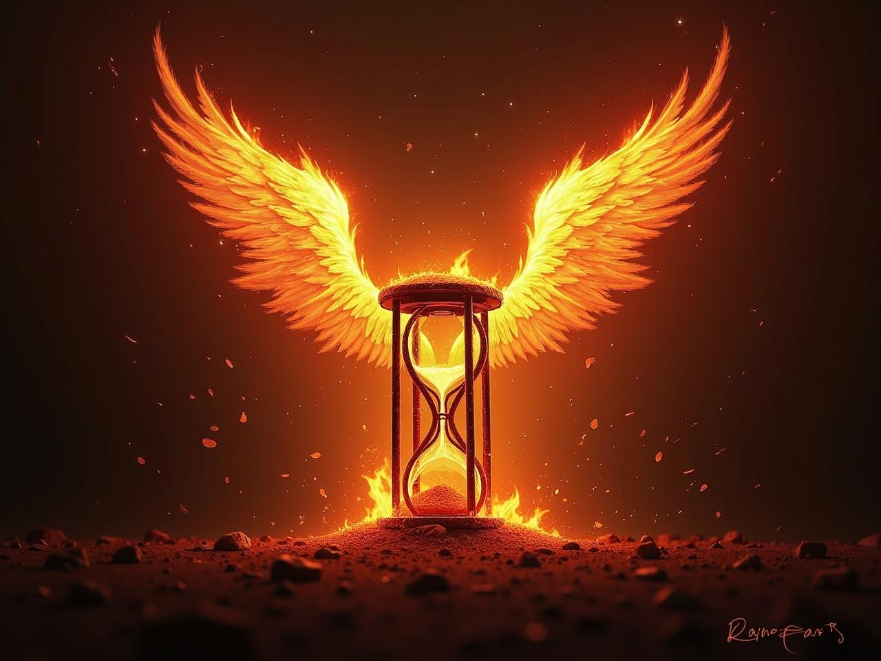 This image portrays a mystical hourglass surrounded by flames, symbolizing the passage of time with a unique twist. Majestic feathery wings extend from the hourglass, suggesting a supernatural element. The background is filled with intense orange and red hues, creating a dramatic effect. The scene captures an explosion of energy, representing conflict and transformation. It evokes a sense of mystery and romance, perfect for a fantasy narrative.