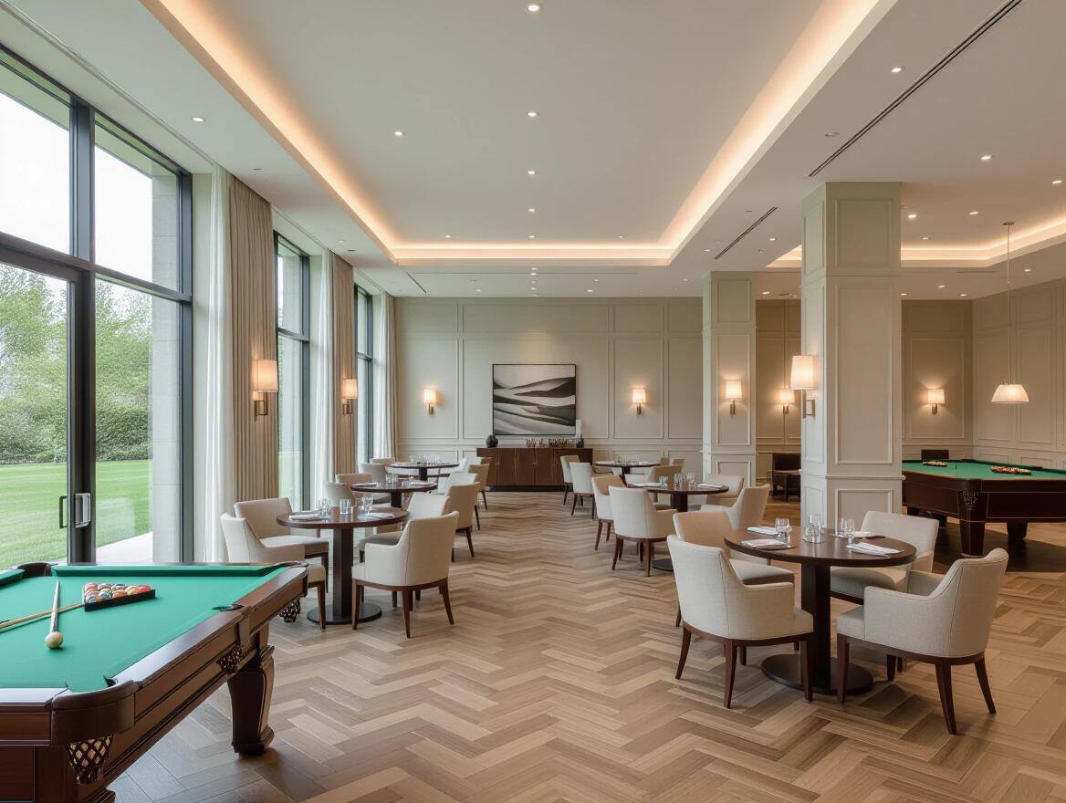 A luxurious gathering hall with a grand layout. The room is spacious and elegantly designed. It features round tables with chairs, arranged with generous spacing. A sleek snooker table is on the left. The room has modern decor with soft ambient lighting. Large floor-to-ceiling windows reveal a green lawn outside. The flooring is premium wood. The overall lighting is highly realistic, giving a calm and inviting atmosphere.