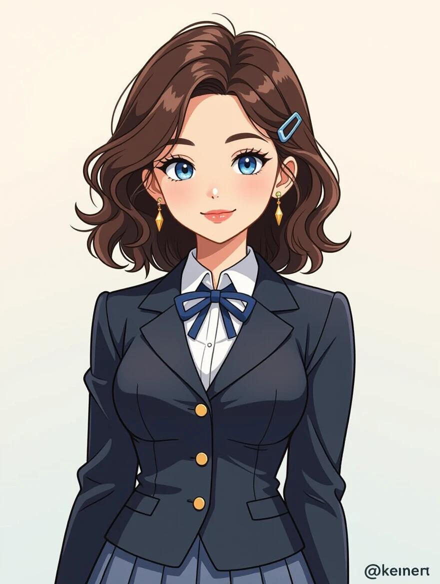 Full body portrait of a female character. Caucasian female with liquid-blue eyes. Small mouth and button nose. Dark brown hair in messy shoulder-length style. Blue scrunchie and silver clip in hair. Plump body with wide hips. Wearing a tight school uniform. Skirt is padded and high-knee socks present. Background is trendy. The illustration style is soft with smooth lines and shading.