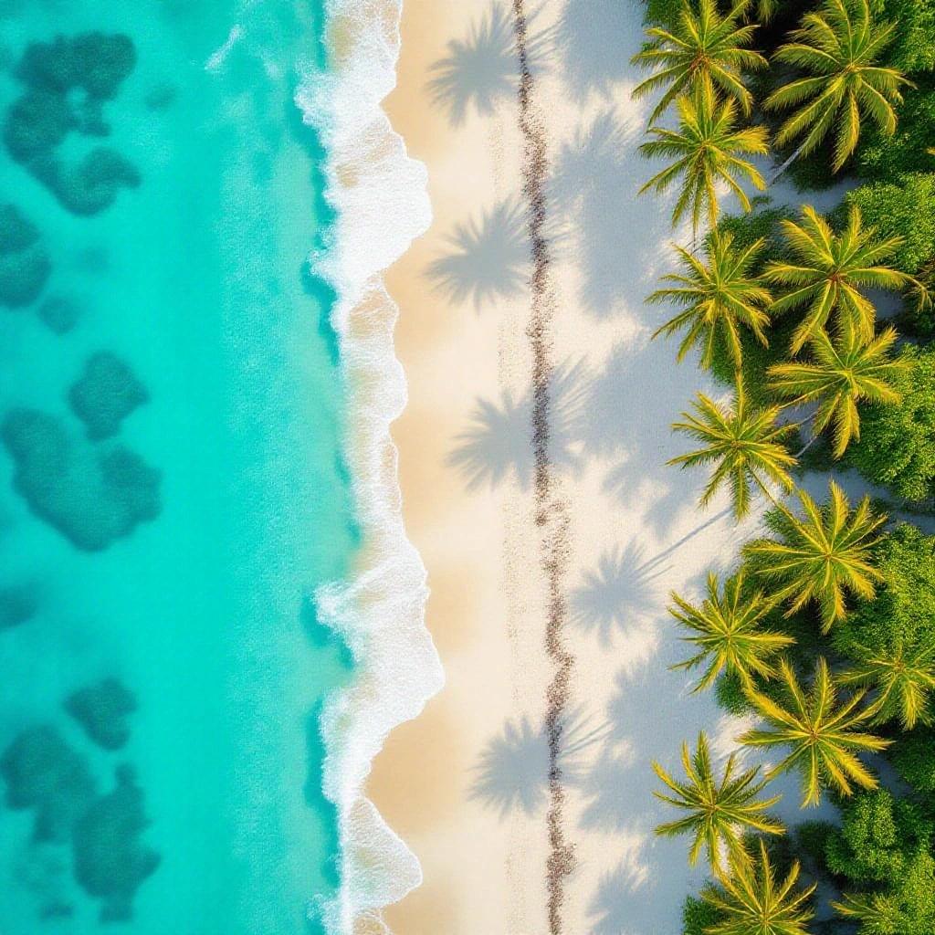 Aerial view of a white sand beach. Crystal clear water meets the shoreline. Palm trees line the beach. Ideal for a holiday landscape background.