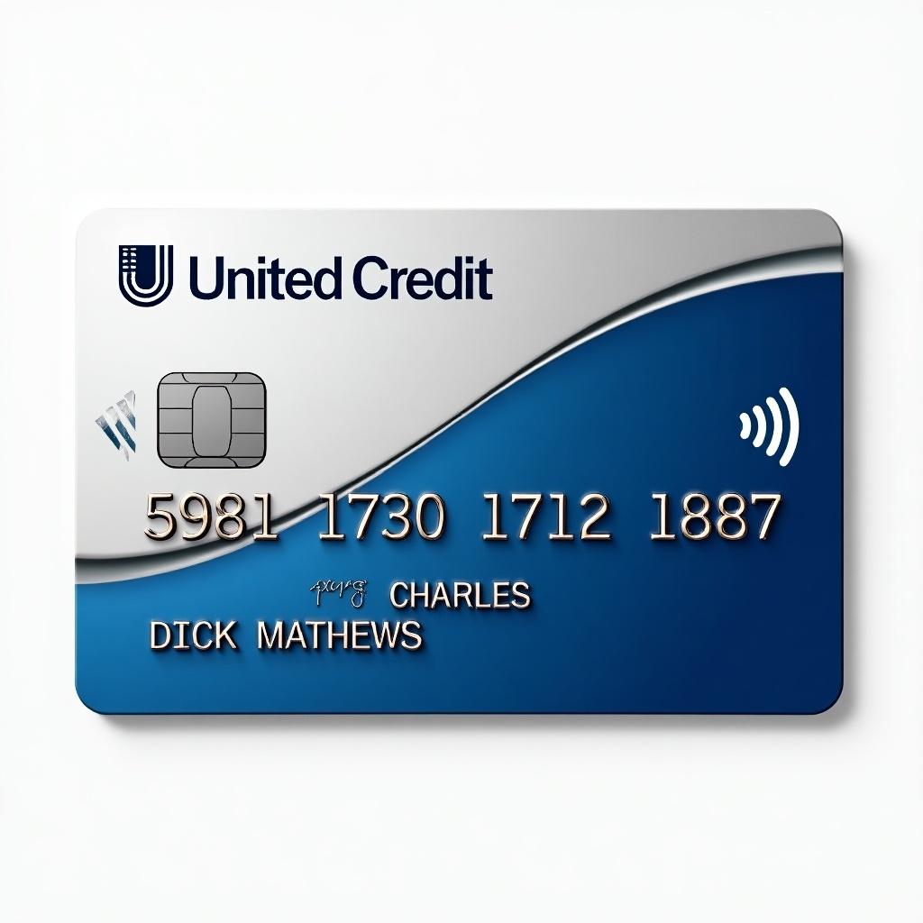 A realistic image of a credit card showcasing its distinct details. The card prominently displays the United Credit logo. Its number is easily visible below the logo. The cardholder's name is aligned accurately. An expiry date is noted at the bottom. The overall appearance is clean with a blue and silver background and bold black font.