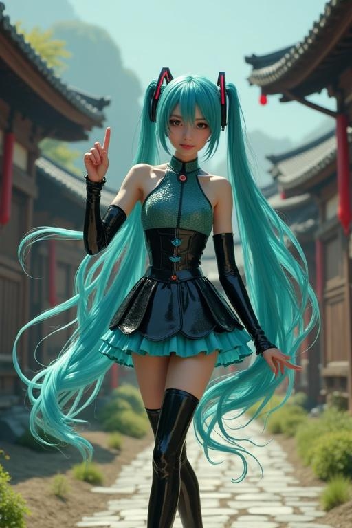 Hatsune Miku dancing in a latex outfit in an ancient Japanese village. Background features traditional architecture and nature.