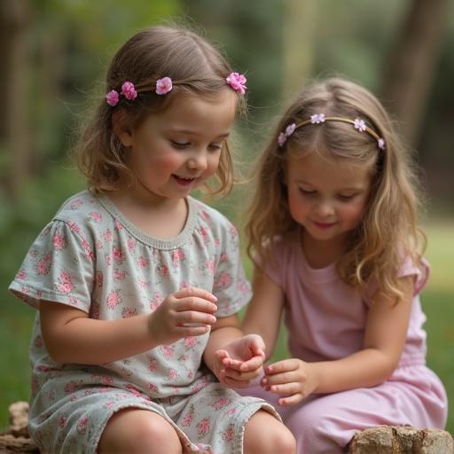 Two little girls engage in play. They show a moment of friendship. Soft lighting enhances the atmosphere around them. The background is blurred to focus on the girls. They wear light, comfortable clothing. Flowers adorn their hair. The scene reflects joy and childhood innocence.