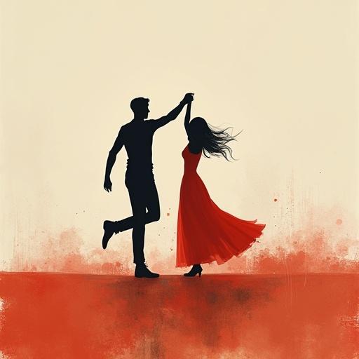A couple dancing together. Dreamlike minimalist composition features silhouettes in a surreal setting. The artwork showcases contemporary digital painting styles with abstract forms and textured brushwork. It conveys an emotive narrative visually.