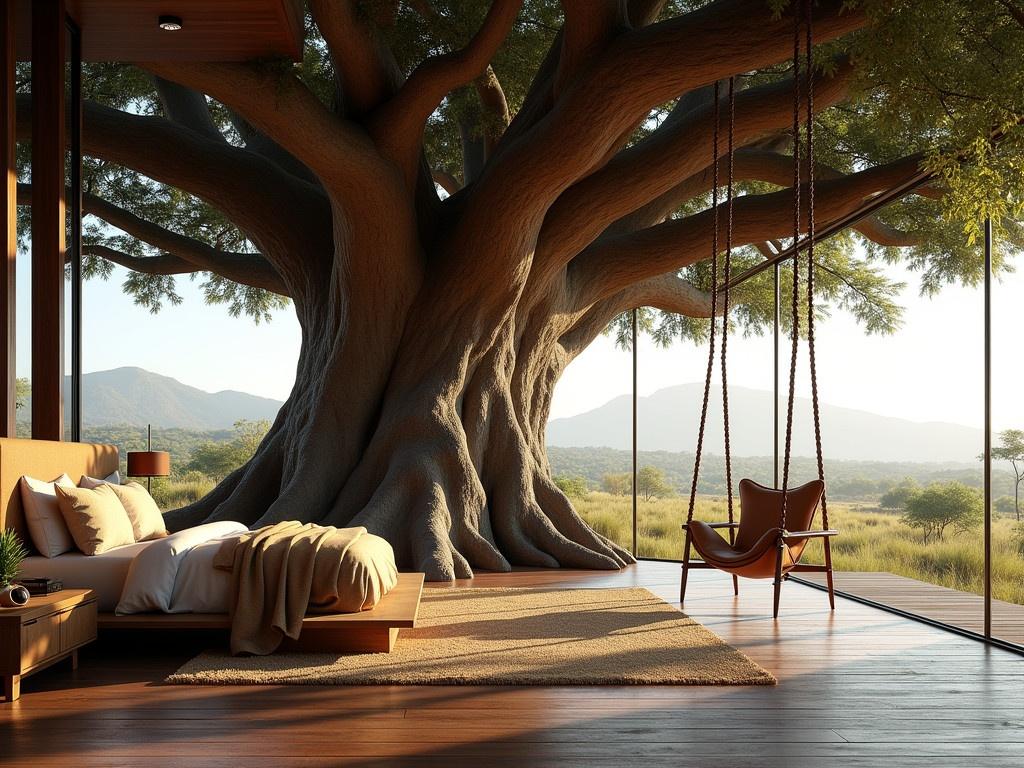 A large tree trunk is integrated into the interior of a luxurious room, showcasing a swing hanging from one of its branches. This design reflects an ecological concept, emphasizing harmony with nature. The setting is inspired by the Ngorongoro Crater in Africa, representing a unique and luxurious safari hotel in Tanzania. The interior highlights the idea of saving nature, with the house constructed around the enormous tree rather than cutting it down. It's a perfect blend of comfort and ecological thinking, illustrating how architecture can coexist with the natural environment.