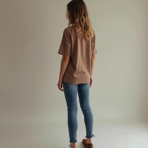 Photo of tall skinny girl standing with back towards camera. Casual outfit includes a loose-fitting beige t-shirt and fitted denim jeans. Soft natural light creates a minimalistic background. The focus is on the casual style and silhouette.