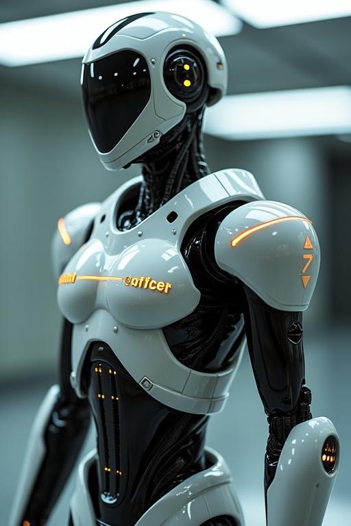 Humanoid robot in a futuristic laboratory shows sleek metallic design with advanced technology. Soft ambient lighting and neutral background tones emphasize its features. Armor displays security enforcement officer written in yellow.