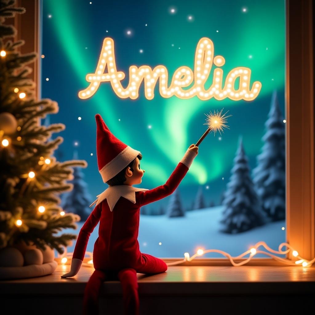 A Christmas scene features an elf dressed in red and white. The elf writes 'Amelia' with a magic wand in glowing letters. The background displays colorful northern lights. The atmosphere is festive and enchanting, capturing the spirit of Christmas.