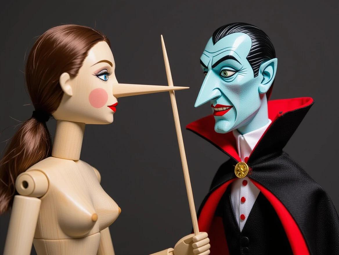 Wooden naked marionette puppet holds a wooden stake for a nose. The puppet faces a Bela Lugosi-style vampire with a black and red cape. The scene is crafted from colored balsam wood. Designed in a storybook illustration style with papercut aesthetics.