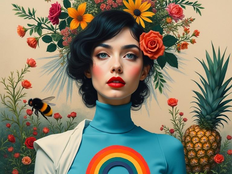 A surreal collage of a woman surrounded by flowers and tropical fruits. She has dark hair, blue eyes, and red lips. Wearing avant-garde fashion with a blue body and white sleeves. A rainbow element is present in front. Botanical elements include pineapple and roses, along with a bumblebee.