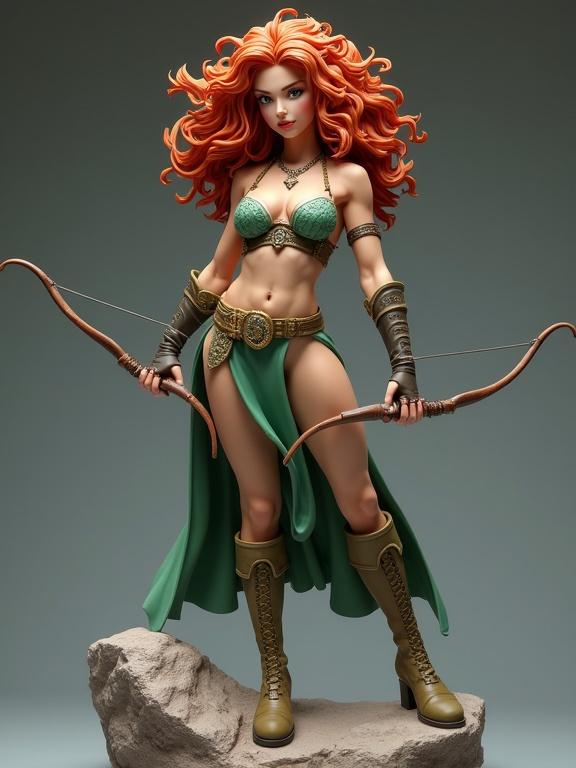 Highly detailed resin figure of a stylized female warrior. She has wild curly red hair. Posing confidently with a bow. One foot on a rock base. Tight heroic outfit showcases muscular legs. Green corset with engraved patterns. Long boots and green skirt showing one leg. Resin statue with ultra-detailed design. Soft shadows and photorealistic lighting. Matte texture without background. Full-body collectible statue.