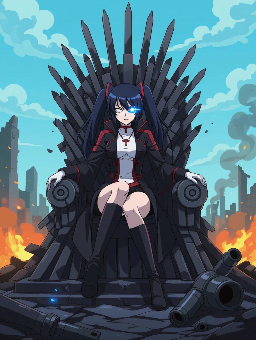 Girl sitting on a throne made of broken weapons. She wears a black rock shooter outfit. Long twin tails and a serious expression. A glowing blue eye is prominent. One leg rests over the other. Ruined battlefield in the background with smoke and blue embers.