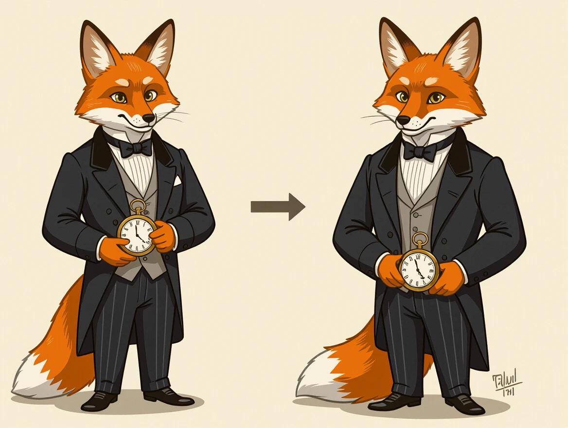 Stylized fox character wears a Victorian-era suit. Fox holds a pocket watch in its hand. The attire is elegant with pinstripes and formal wear.