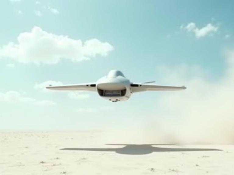 Small light grey sleek sci-fi military beveled hover drone flying over a white desert. Dust blowing, blue sky with clouds. High details and textures.