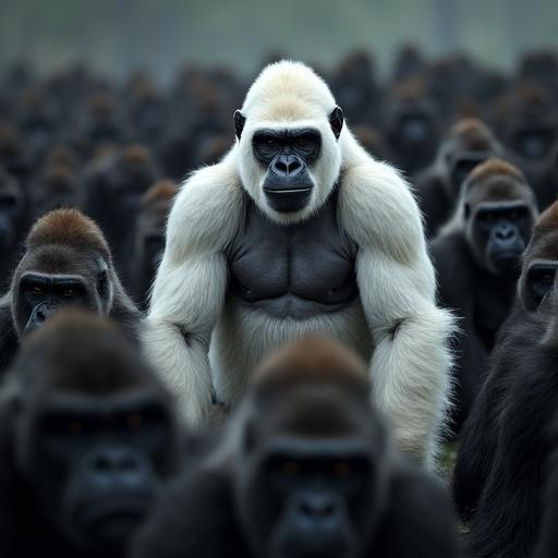 A proud white gorilla stands alone among many black gorillas. Dramatic contrast and intense eyes signify its individuality and power.