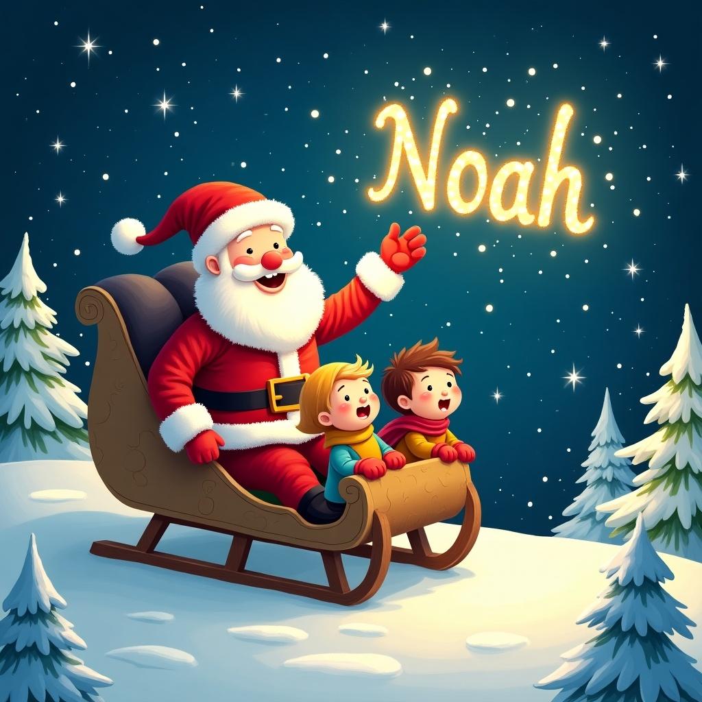 A whimsical illustration captures the spirit of Christmas with Santa Claus sitting joyfully in a sled. He writes the name 'Noah' in the night sky with a sparkling light. Fluffy, snow-covered trees surround the scene, creating a cozy holiday atmosphere. Two amazed children sit in the sled, witnessing Santa's magic. The night sky is filled with twinkling stars, enhancing the festive joy. This delightful image perfectly encapsulates the joy of giving during the holiday season.