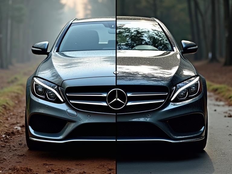 Split image composition shows dirty muddy car on the left and clean shiny car on the right. Dramatic transformation from detailing done. Studio lighting used. Square format for social media.