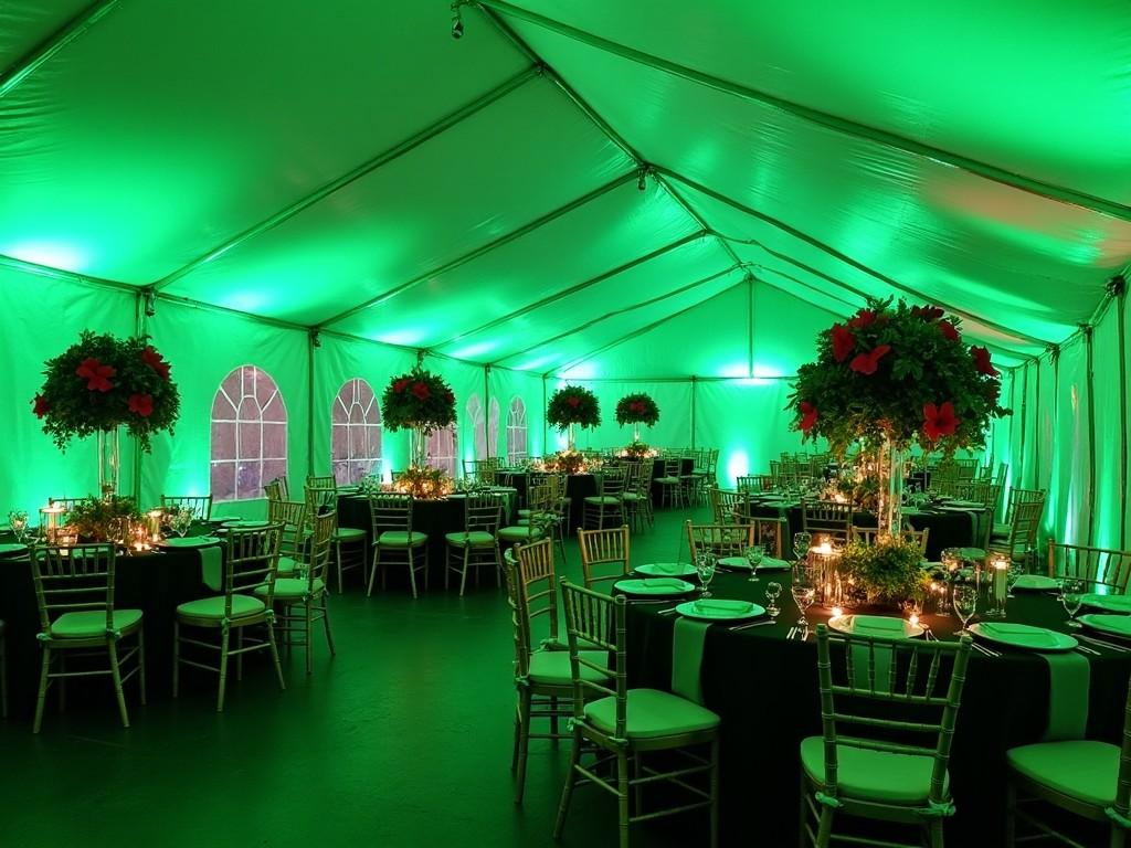 The image depicts a beautifully decorated event tent, featuring tables elegantly set for a special occasion. The predominant color is green, illuminated by soft green lights that create a welcoming ambiance. Each table is adorned with black tablecloths and gold accents, complemented by stunning floral centerpieces. The arrangement is symmetrical and creates a serene yet festive atmosphere, ideal for weddings or corporate events. The overall decoration showcases a harmonious blend of nature and elegance, making it a perfect venue for celebration and gathering.