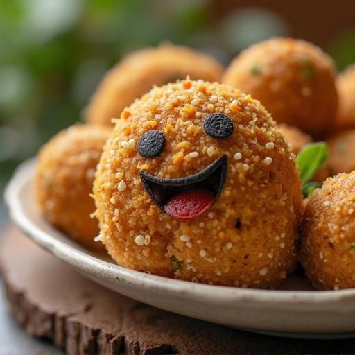 Close-up of a smiling falafel ball with a cheerful expression. The falafel is golden brown and coated with crumbs, seated on a light dish with a natural backdrop of greenery.
