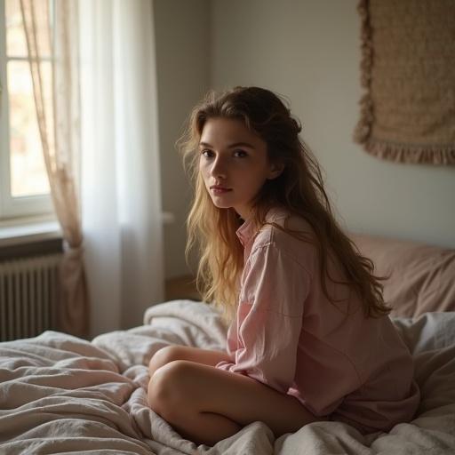 Realistic photo of young woman in her 20s sitting in modest room. She looks at the camera lost in thoughts. The room is neat and clean with natural lighting.