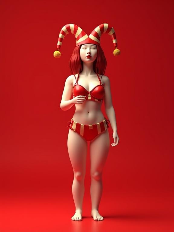 3D miniature female in a bikini with harlequin pattern. Background is completely red. Each harlequin appears in a Droste effect. Presentation is hyper-realistic with soft natural lighting. Textures are ultra-detailed with a shallow depth of field.