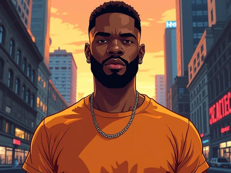 Confident Black male rapper in front view. Style inspired by Grand Theft Auto video game. Detailed illustration with vivid colors and bold outlines. Simple solid t-shirt with no graphics. Gritty city background with no logos. Digital painting in cartoonish yet realistic style.