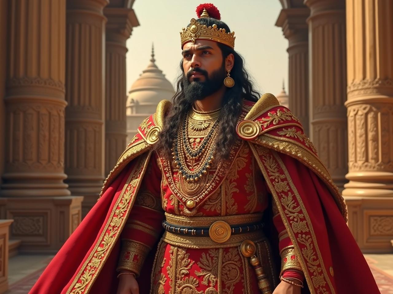 The image showcases a wise king, Vikramaditya, standing majestically in front of a grand palace. He is adorned in rich, ornate attire featuring intricate designs and gold embellishments. The palace behind him reflects traditional Indian architecture with tall pillars and dome structures. His expression is calm and dignified, exuding wisdom and authority. The color scheme is vibrant, with reds and golds dominating the frame, enhancing the royal theme.