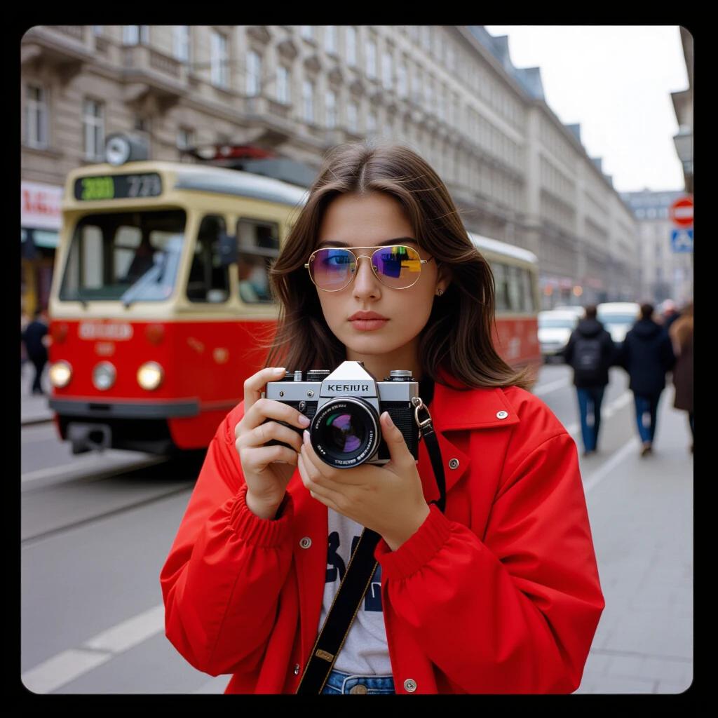 Photography capture in urban Bucharest. Young woman dressed in windbreaker holds camera. Old tram serves as a backdrop. Street view features distinctive architecture. Composition includes blurred bicycle and pedestrian activity. Rain-slicked street reflects city lights.