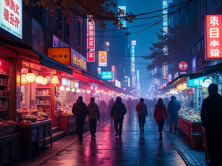 Street scene filled with vendors and neon lights. Misty ambiance enhances vibrant colors. People stroll through a lively market atmosphere. Urban Fauvism style with cyberpunk palette.