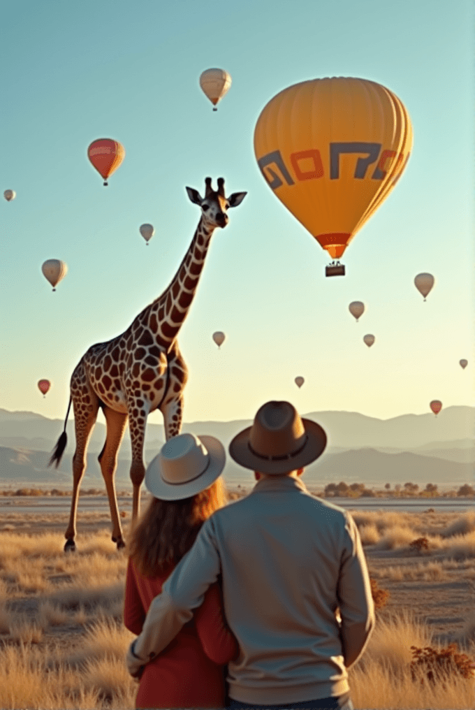 A couple in hats gaze at a towering giraffe under a sky filled with colorful hot air balloons.