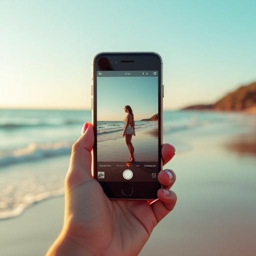Realistic photo of a woman standing on the beach. Shot taken with smartphone. Soft lighting during sunset.