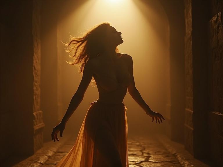 A dancer in a dungeon. Silhouette with golden lighting. Dramatic and atmospheric scene. Soft haze surrounds the figure. Influences from classical painters. Photorealistic style.