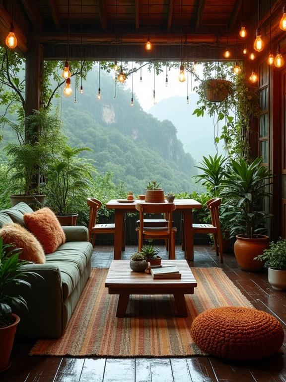 Image of a cozy mountain-view veranda during gentle rain. Sofa with warm-toned throw pillows and a wooden coffee table with decor items. Dining table set with plants and earthy tones. Warm hanging bulbs create ambient lighting. Lush green plants surround the veranda. Misty mountain landscape visible through the rain.