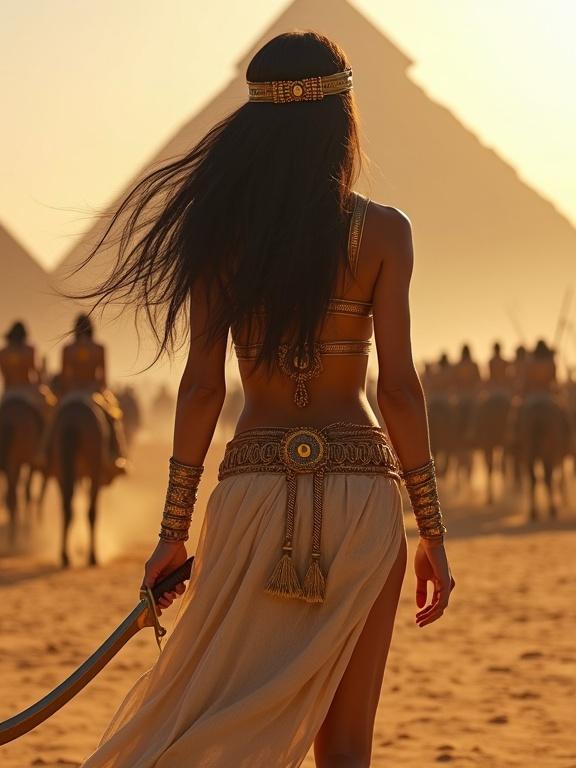Photorealistic depiction of an ancient Egyptian warrior woman in a desert landscape. She stands facing a battlefield with pyramids behind her. Sunlight bathes her in warm tones. She holds a khopesh and wears intricate gold jewelry.