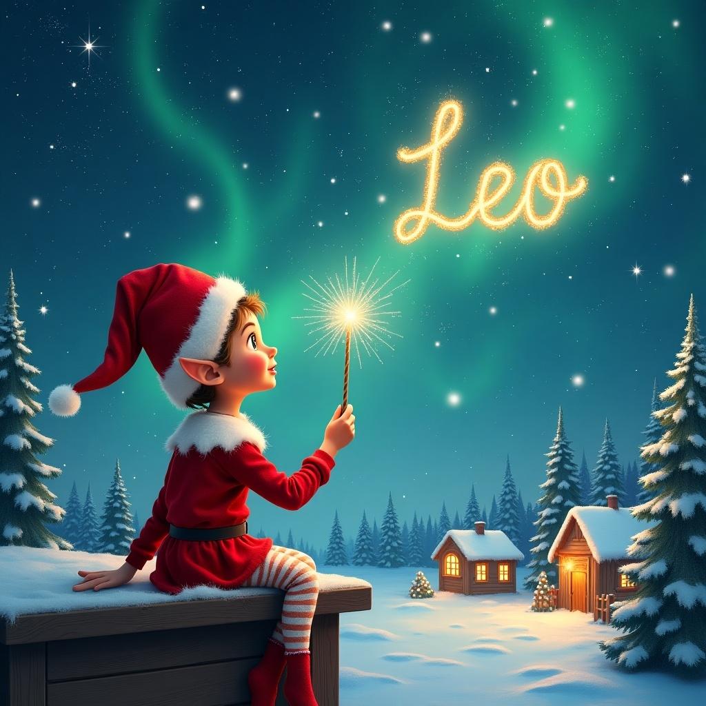 An elf in a red outfit sits on a ledge looking at a magical sky. The elf holds a sparkling wand. The scene includes snowy landscape, little houses, and evergreen trees under the Northern Lights. The elf writes 'Leo' in the sky.