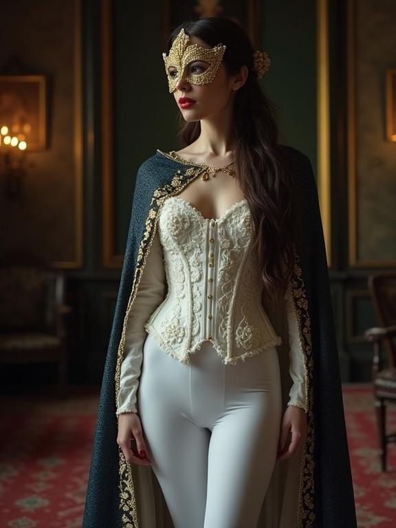 A young woman poses in a dark room. She wears an elaborate white frizzy corset and tight white trousers. A blue cloak with golden patterns covers her. She has a golden mask. Long dark brown hair frames her face. The room has fine carpets and portraits, setting an elegant atmosphere. She looks to the left at a 30-degree angle.