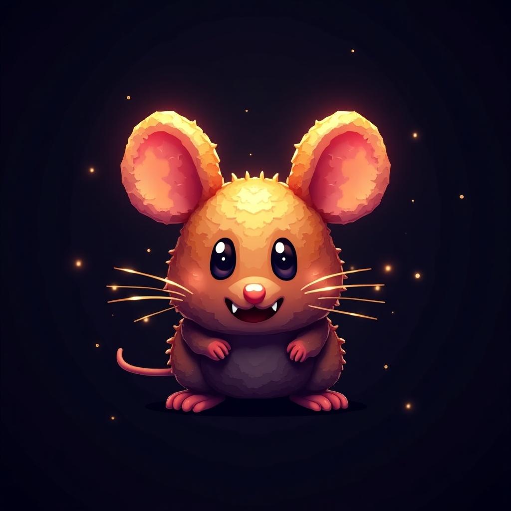 The image showcases a shiny, cartoon-style pixelized mouse designed as a logo for a cryptocurrency token. It features a round body, large ears, and a cute face with prominent whiskers and sharp teeth. The warm colors and glowing effects give it an appealing look, making it suitable for branding. The character stands in a playful pose, inviting engagement. The background is dark, emphasizing the mouse's vibrant colors and shiny texture.