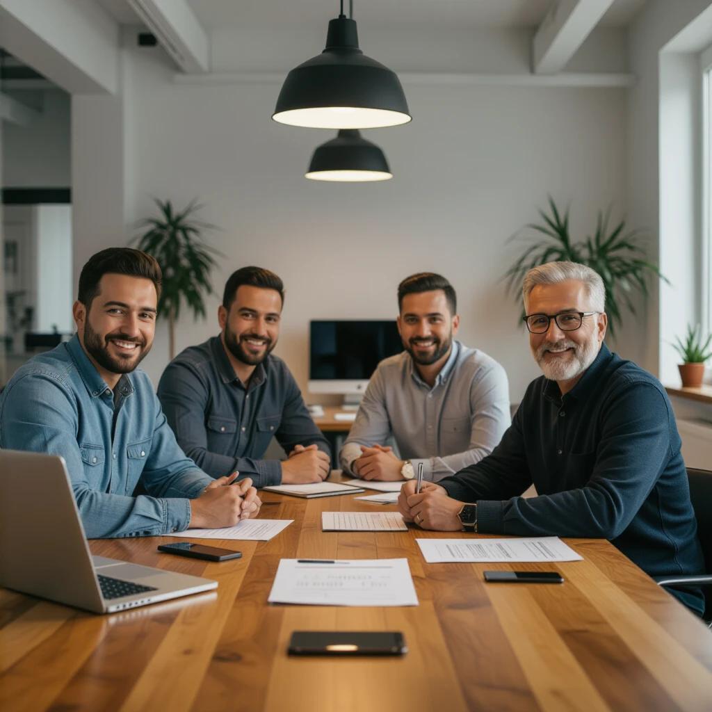 Four men of diverse ages and complexions sitting at a well-lit conference room table. They are relaxed and engaged with each other. The setting features a minimalist design with documents, a laptop, smartphone, and pens on the table. In the background, there is a door and a wooden bookshelf filled with books and folders. All men are dressed in casual, stylish clothing.
