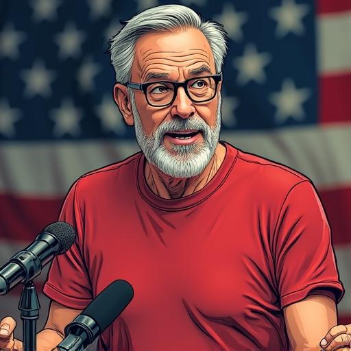 A politician speaking at a press conference wearing glasses and a red t-shirt in a comic book style.