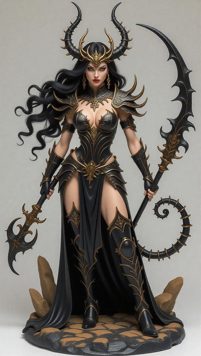 Resin sculpture of a violent goddess inspired by Scorpio. Goddess has fair skin long wavy black hair. Sharp stinger-shaped crown and intense expression. Black armor with golden scorpion symbols. Curved weapon in hand and attacking pose. Rocky base with dark atmosphere.