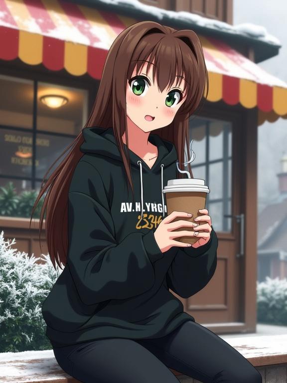 A girl with long brown hair and green eyes sits and smiles in front of a coffee shop. She wears a black hoodie and black jeans. A steaming cardboard coffee cup is in her hands. The scene includes a traditional coffee shop with a yellow and red striped awning. The park setting shows frost-covered vegetation. The image has a portrait style with natural lighting and a gently blurred background.