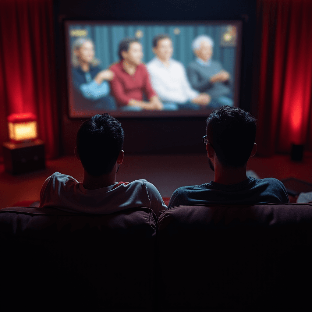 Two people sit in a dimly lit room watching a movie on a large screen.